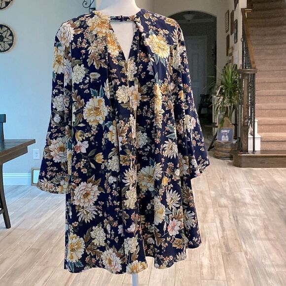 Umgee Floral Keyhole Mini Tent Dress A Line Navy Blue Boho Long Sleeves 80’s - Picture 1 of 12